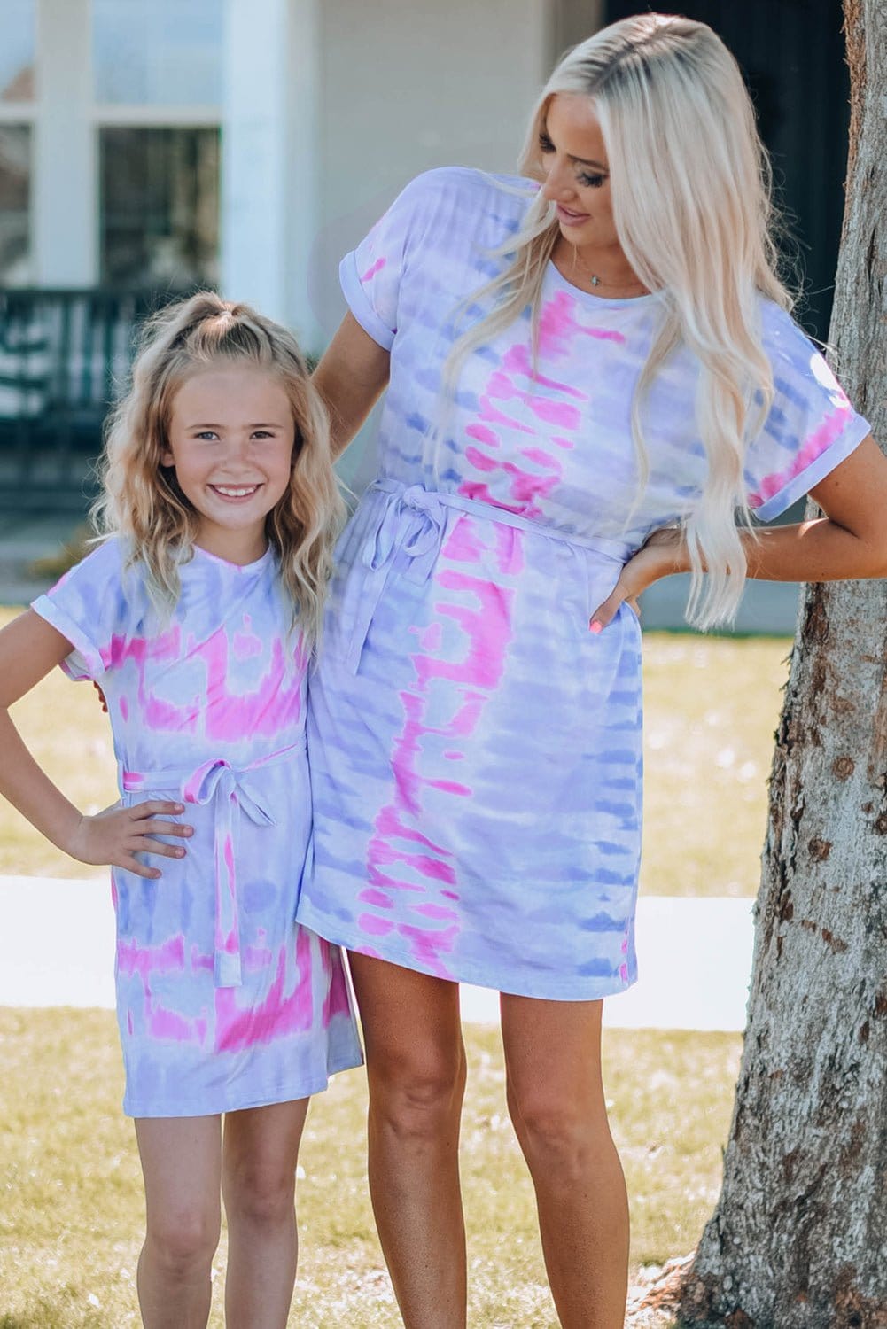 Mommy and Me Women Tie-Dye Belted T-Shirt Dress - BABY KOUTURE